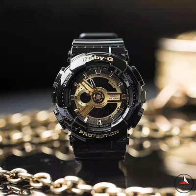 卡西歐 Baby-G BA-110-1A 黑金樹脂錶帶手錶模擬數字手錶