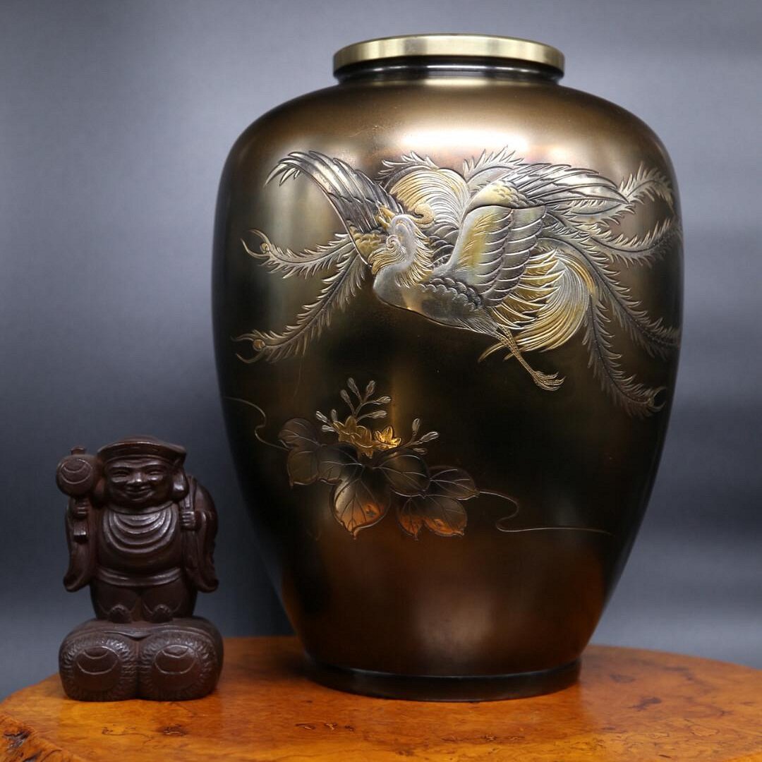 二手】金工師晴山造《金銅鑲嵌，鳳凰紋超大花瓶一尊》日本花道花器，銅 