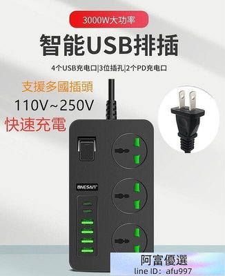 000W大功率110~220V延長線USB排插 PD  USB智慧插座支援中國英規歐規多國插頭3孔轉換插座延長線LWJJ
