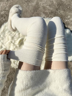 奶白色加絨過膝長筒襪子秋冬季加厚保暖羊毛大腿襪套女加長堆堆襪