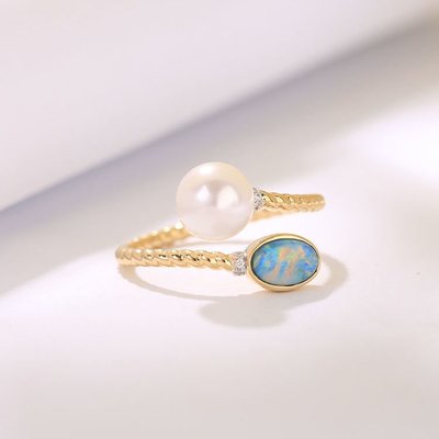 設計款天然澳洲水晶歐泊珍珠戒指可調節指環女小眾S925銀鍍金氣質AF059