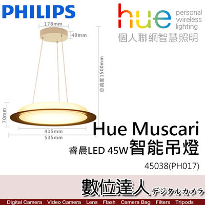 【數位達人】公司貨PHILIPS 飛利浦 (PH017) Hue Muscari 45038 睿晨LED 45W智能吊燈
