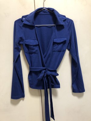❤夏莎shasa❤寶藍色彈性造型V領綁帶別致長袖上衣/1元起標