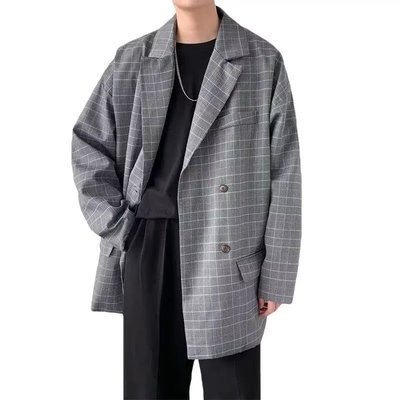 【M-2XL】韓版寬鬆百搭潮流西裝上衣男士深灰色格子長袖西裝外套  滿599免運