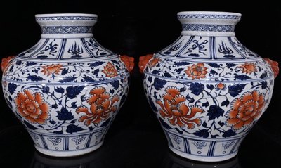 古瓷器 古董瓷器 代幕府川金蓮青花礬紅纏枝牡丹虎頭罐（36×35cm）1000-1732