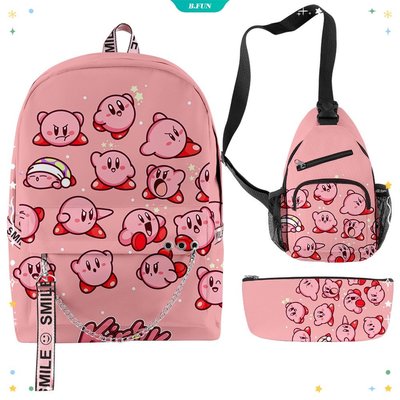 卡通動漫遊戲 Kirby 3D 打印背包 3Pcs / 套書包 + 胸包 + 筆袋男孩女孩學生學校季節禮物 [樂趣] 收納包
