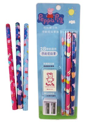 【卡漫迷】 佩佩豬 5件鉛筆組 二組合售 ㊣版 大三角 木頭 鉛筆 削筆器 粉紅 豬小妹 peppa pig 三角筆