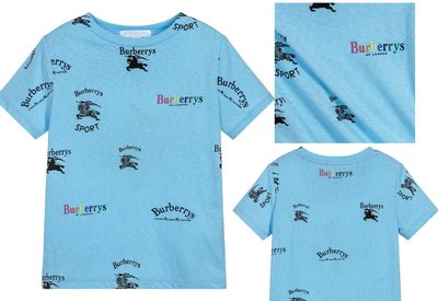 EUstore現貨►Burberry滿版戰馬拼接條紋短袖T-shirt男童裝14Y藍色大人S-M可穿