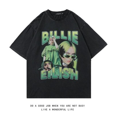 潘多拉明星同款 歐美高街Billie Eilish嘻哈說唱歌手水洗印花短袖T恤男女街頭半袖