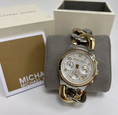 MICHAEL KORS 金銀雙色手鍊式麻花不鏽鋼錶帶 三眼計時 石英 女士手錶 MK3199