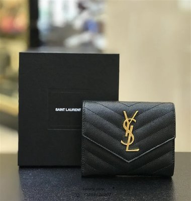 LUX精品YSL Monogram 黑色 顆粒牛皮 金扣 鈕扣 三摺短夾 皮夾 403943 全新真品