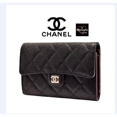 【日本二手】Chanel香奈兒經典coco信封式三折中夾（黑色荔枝牛皮＋香檳淡金扣）皮夾