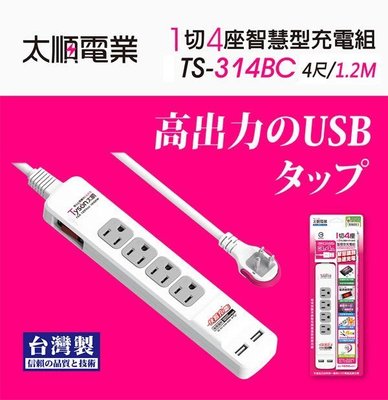 全新【Tyson太順電業】3孔1切4座智慧型USB延長線-1.2M(白色)-TS-314BC