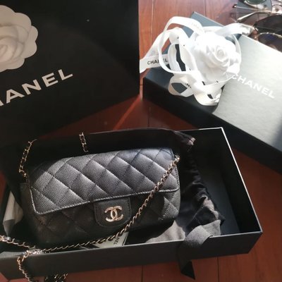 【翰貝格名牌館】全新真品 Chanel 黑色 荔枝皮 金cc 金鏈 磁釦 眼鏡包 斜背包 AP2044