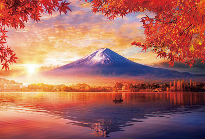 51-287 絕版1000片日本進口拼圖 風景 日本 夢幻秋霧中的富士湖畔紅葉 楓紅美景