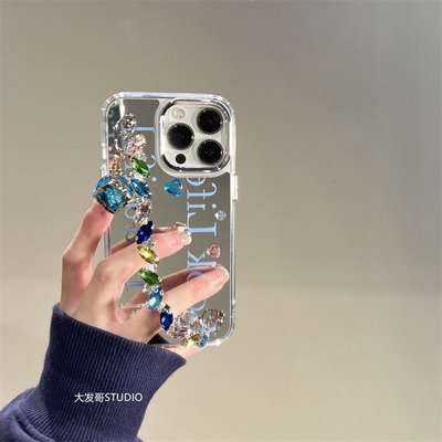 高級感 鏡面 英文 寶石 愛心 掛鏈手機殼 適用於iPhone14 13 12 11 pro max鏡子手機殼