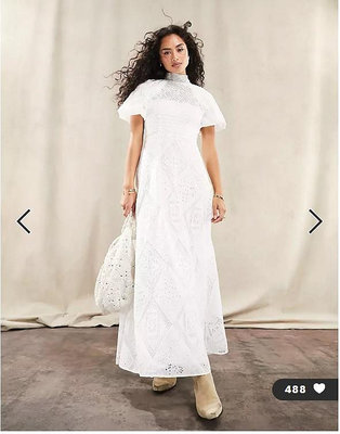 (嫻嫻屋) 英國ASOS-白色鉤編拼接蕾絲高領綁帶背露美背長裙長洋裝禮服EF23