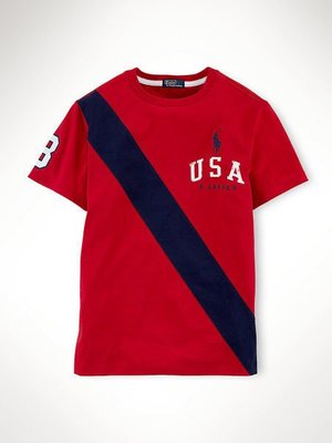 【KIDS FUN USA】Ralph Lauren POLO RL臂3印大馬斜紋短袖棉T/T恤(童M茄紅)美國原裝