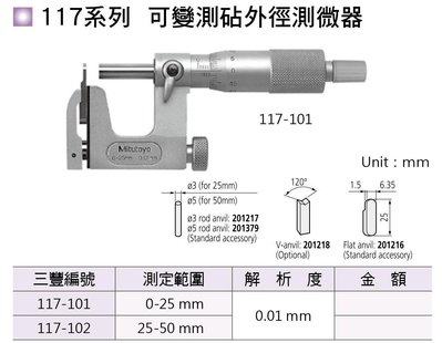 日本三豐Mitutoyo 117系列 可變測覘外徑測微器 可變測覘外徑分厘卡