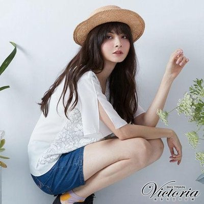 2【Victoria】全新蕾絲雪紡拼接寬鬆短袖T(白色)~M
