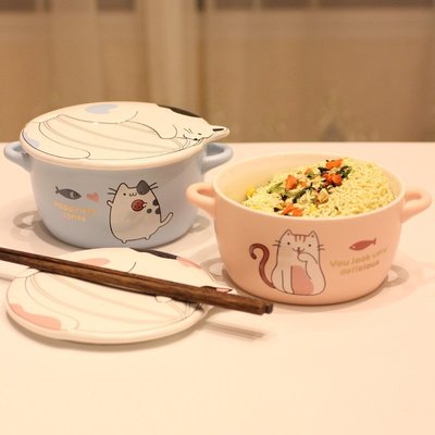 熱銷 可愛貓咪陶瓷泡面碗創意個性帶蓋湯碗微波爐家用宿舍方便面吃飯碗