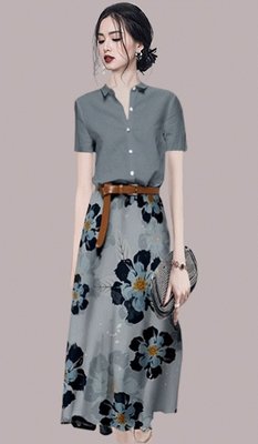 ✪ RingHouseShop ✪ 歐韓奢華時尚女裝著衣　專櫃　質感　印花襯衫 + 半身裙　套裝
