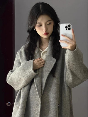 灰色雙面羊絨大衣女裝2023秋冬季新款韓系高級感小個子羊毛呢外套-小魚小魚
