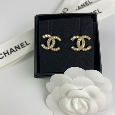 【COCO 精品專賣】Chanel 金色 金屬 珍珠 方形 水鑽 拼接 雙C 針式 耳環 AB6674 現貨