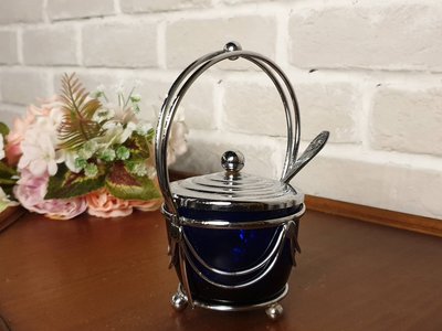 【卡卡頌  歐洲古董】英國老件 鍍銀  藍玻璃   優雅古典  糖罐  湯匙  提籃   m0753✬