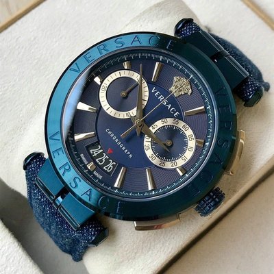 VERSACE Aion 藍色面錶盤 藍色牛仔布皮革錶帶 雙眼計時 石英 男士手錶 VBR070017
