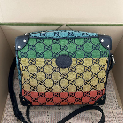 Gucci古馳彩色帆布盒子包單肩斜挎包，限量款