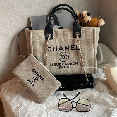 千奢二手Chanel香奈兒Deauville杜維埃沙灘包 CHANEL 黑米完美配色 小號 21新款 子母購物包