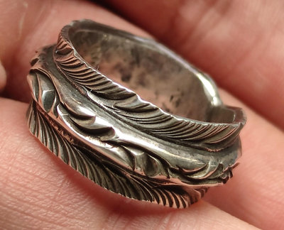 日本銀飾bighand手雕純銀平打唐草羽毛戒指指環