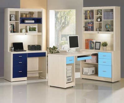鴻宇傢俱~奧斯卡兒童5尺L型書桌+書櫃-圖右淺藍色面板~系統櫃格局~促銷優惠價~另有折扣價