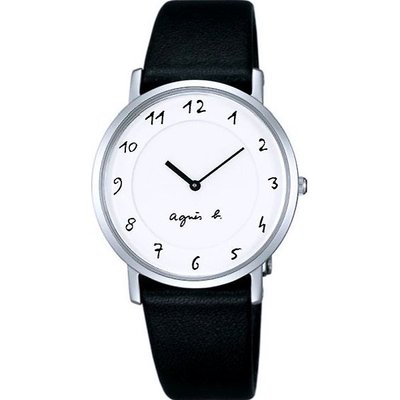 agnes b.經典簡約真皮手錶-白X黑/33mm 7N00-0BC0S