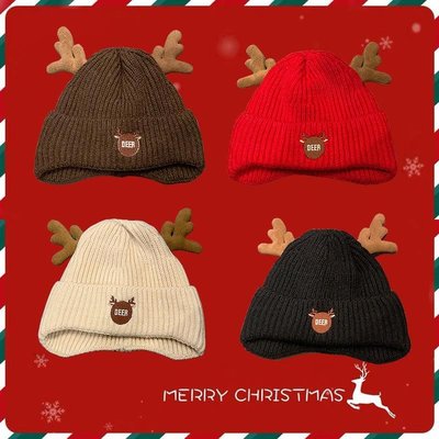 聖誕帽 聖誕帽子 聖誕帽 聖誕樹帽 聖誕節帽子 聖誕節禮物可愛鹿角針織毛線帽子女冬天刷毛加厚保暖護耳帽潮百搭~好物~