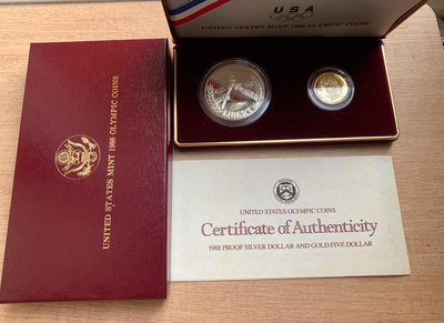 1988年美國漢城奧運會精制紀念幣金銀幣套裝 原包裝帶證書