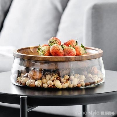 現貨熱銷-創意可愛水果盤客廳家用相思木干果盤雙層玻璃堅果盤零食盤收納盒  YTL