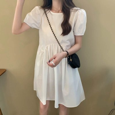簡約洋裝 白色洋裝 高腰洋裝 短袖洋裝 夏季法式小眾短袖泡泡袖連衣裙女洋裝SS001