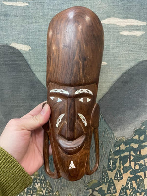 中古非洲木雕面具掛件，裝飾，一木雕一木挖，螺鈿鑲嵌，木質不懂