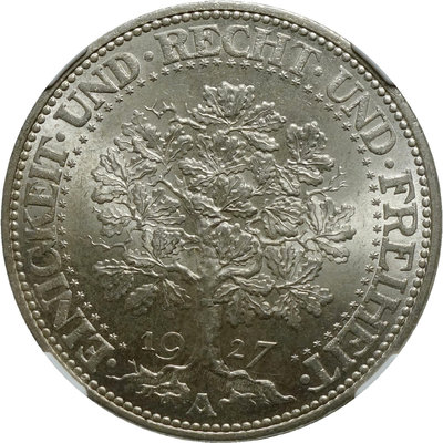 【二手】 NGC-MS65 德國 魏瑪 橡樹 5馬克 1927年1082 外國錢幣 銀幣 收藏【經典錢幣】可議價