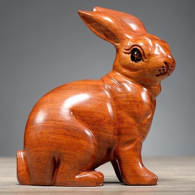 現貨：花梨木雕兔子擺件實木質雕刻生肖呆萌兔家居客廳裝飾品紅木工藝品