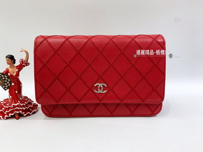 遠麗精品(板橋店) S1654 Chanel 紅色牛皮菱格縫線銀釦WOC AP0250
