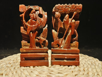 清代鎏金木雕人物一對，西王母和南極仙翁，特價68免運