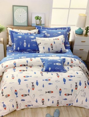 純棉床包【小魚兒(藍)】雙人加大床包枕頭套三件組(不含被套),40支紗純棉