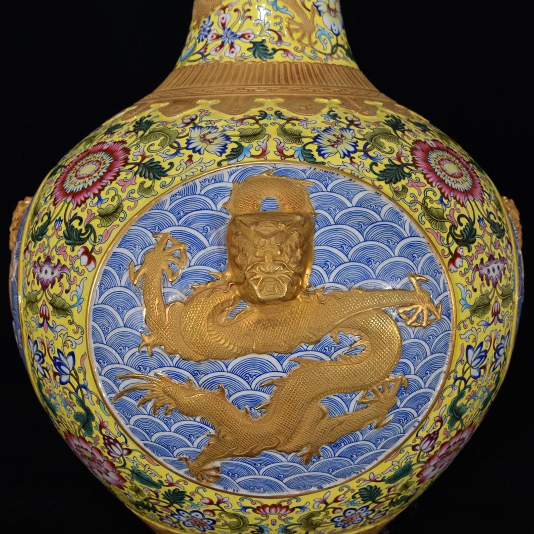 清乾隆粉彩浮雕龍紋鎏金天球瓶，58×39，7500844粉彩瓷器古瓷| Yahoo 