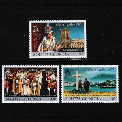 伊麗莎白二世女王登基25周年加冕南喬治亞州1977新票3枚成套貼痕凌雲閣珍藏郵票