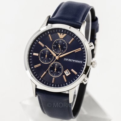 現貨 可自取 EMPORIO ARMANI AR11216 亞曼尼 手錶 43mm 藍面盤 三眼 藍色皮錶帶 男錶女錶