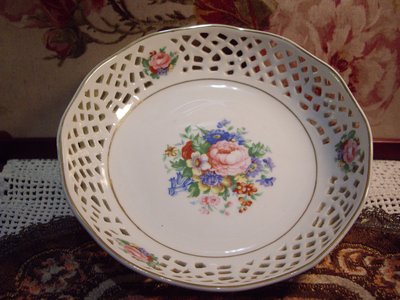 歐洲古物時尚雜貨 瓷盤 簍空邊 花朵圖騰擺飾品 古董收藏