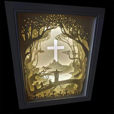 3D立體光影紙雕燈 裝飾台燈 LED小夜燈 禮盒裝 十字架創意禮物品-黃奈一